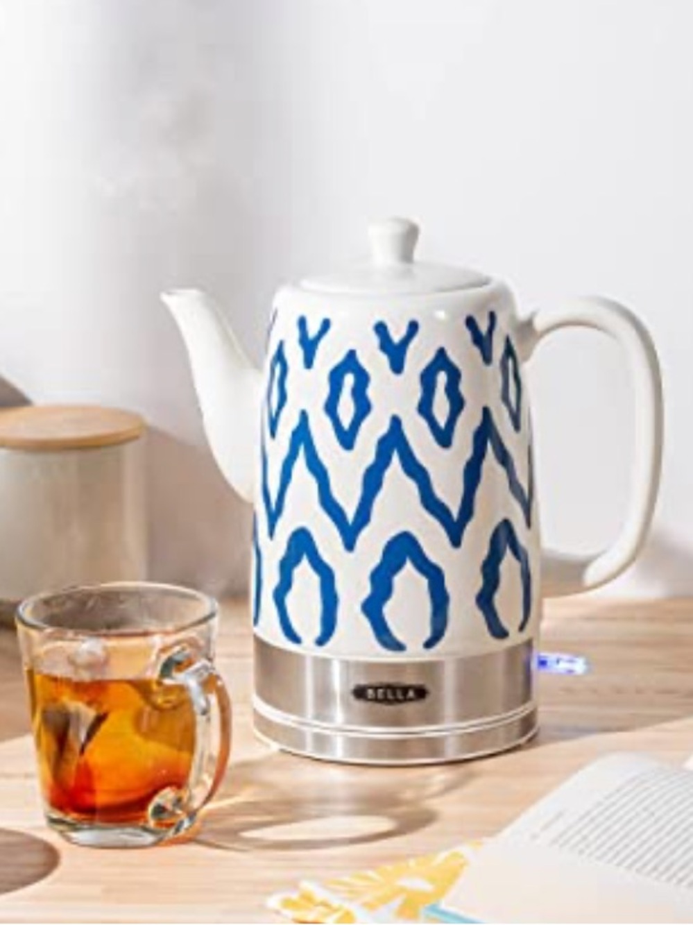 Abella White and Blue Patterned Ceramic Electric Teapot